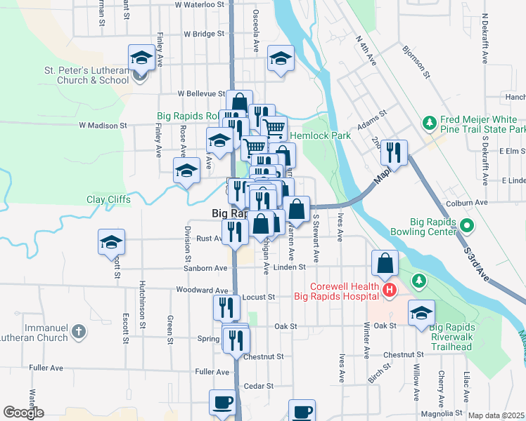 map of restaurants, bars, coffee shops, grocery stores, and more near 102 South Michigan Avenue in Big Rapids