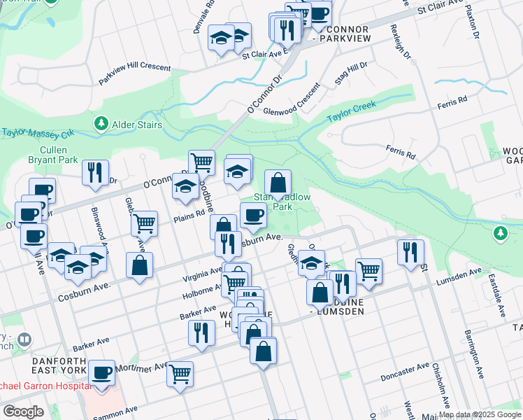 map of restaurants, bars, coffee shops, grocery stores, and more near 373 Cedarvale Avenue in Toronto