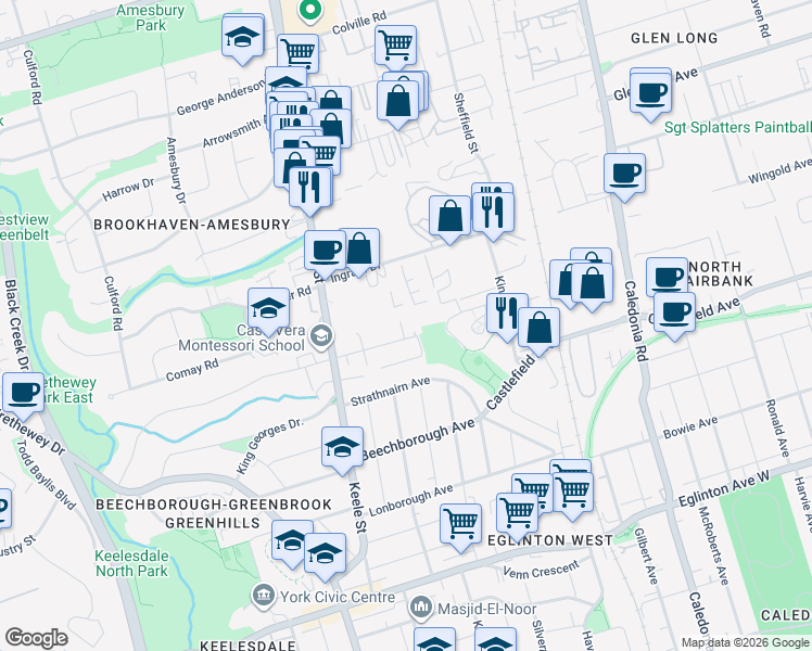 map of restaurants, bars, coffee shops, grocery stores, and more near 90 Canon Jackson Drive in Toronto