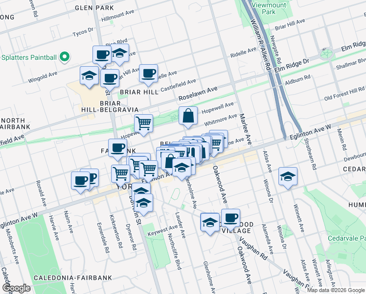 map of restaurants, bars, coffee shops, grocery stores, and more near 143 Belgravia Avenue in Toronto