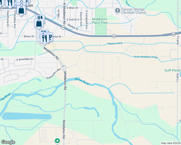 map of restaurants, bars, coffee shops, grocery stores, and more near 22482 Middleton Road in Caldwell
