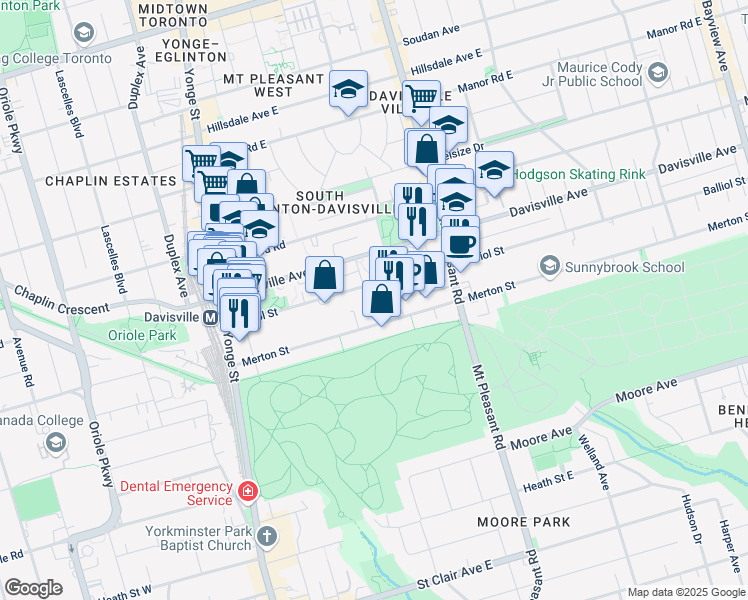 map of restaurants, bars, coffee shops, grocery stores, and more near 8 Pailton Crescent in Toronto
