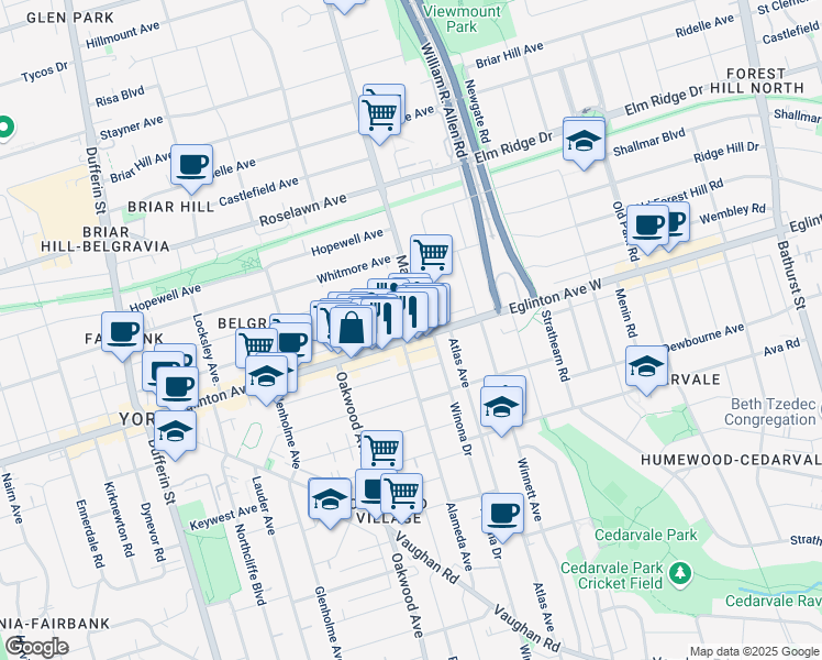 map of restaurants, bars, coffee shops, grocery stores, and more near 1493A Eglinton Avenue West in Toronto