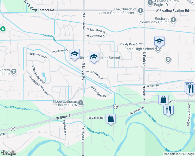 map of restaurants, bars, coffee shops, grocery stores, and more near 4621 West Maricopa Drive in Eagle