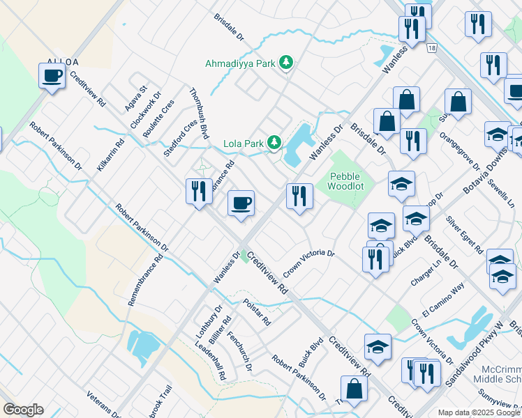 map of restaurants, bars, coffee shops, grocery stores, and more near 52 Quillberry Close in Brampton