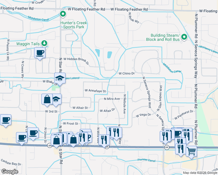 map of restaurants, bars, coffee shops, grocery stores, and more near 10594 West Menkalinin Drive in Star