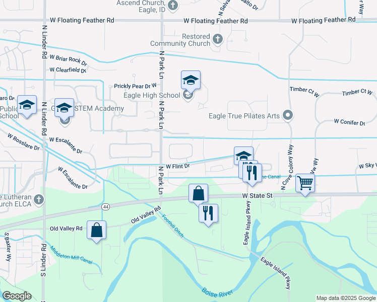 map of restaurants, bars, coffee shops, grocery stores, and more near 3850 West Flint Drive in Eagle