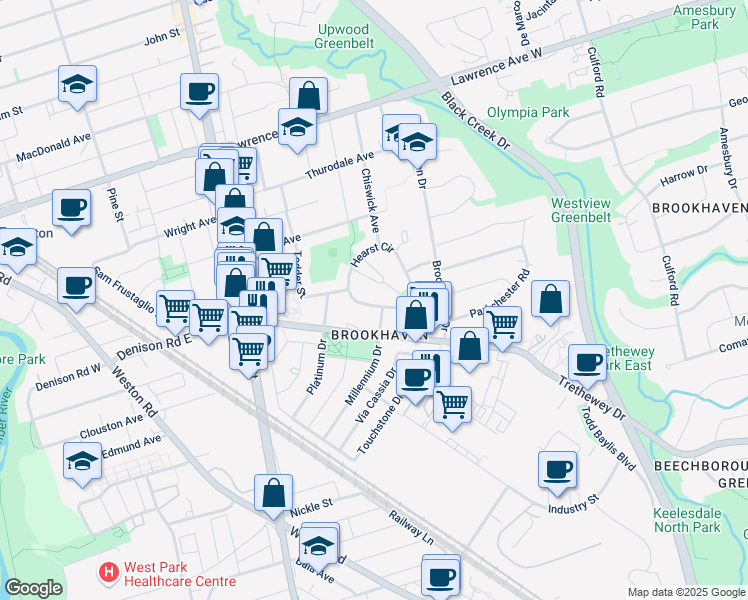 map of restaurants, bars, coffee shops, grocery stores, and more near 30 Hearst Circle in Toronto