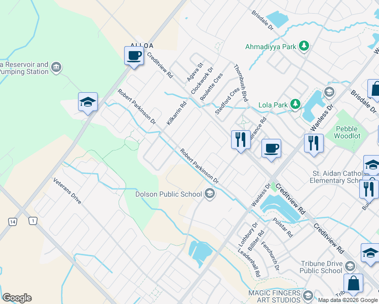 map of restaurants, bars, coffee shops, grocery stores, and more near 5 Stewardship Road in Brampton
