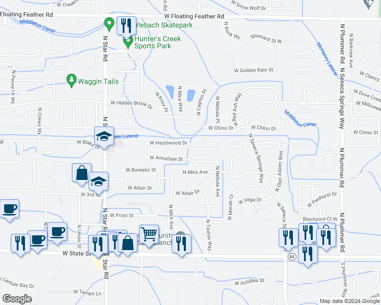 map of restaurants, bars, coffee shops, grocery stores, and more near 10621 West Hazelwood Drive in Star