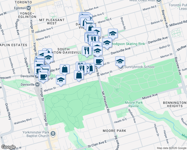 map of restaurants, bars, coffee shops, grocery stores, and more near 310 Merton Street in Toronto