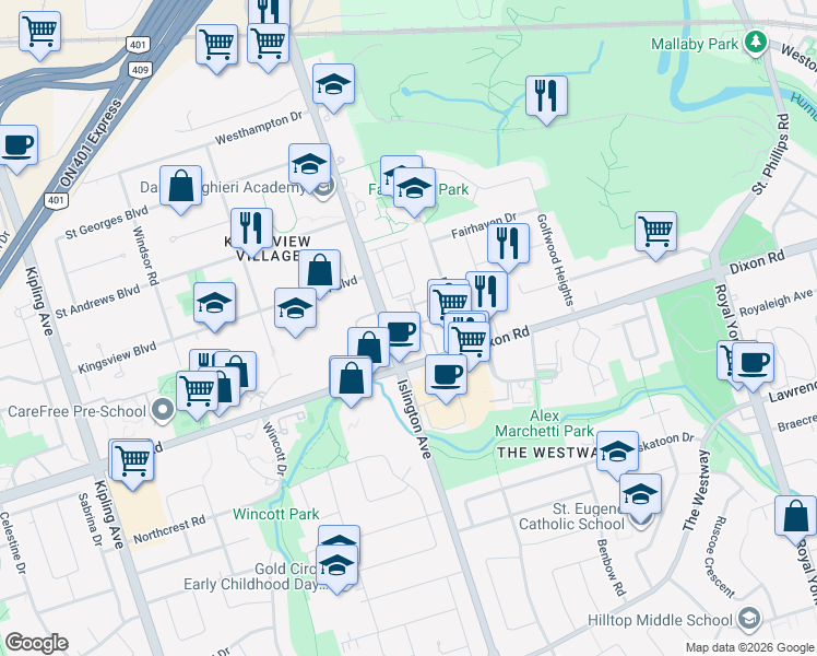 map of restaurants, bars, coffee shops, grocery stores, and more near 236 Dixon Road in Toronto