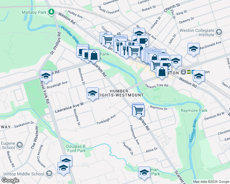 map of restaurants, bars, coffee shops, grocery stores, and more near 916 Scarlett Road in Toronto