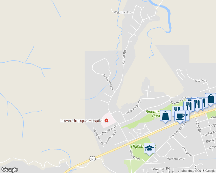 map of restaurants, bars, coffee shops, grocery stores, and more near 144 Providence Drive in Reedsport