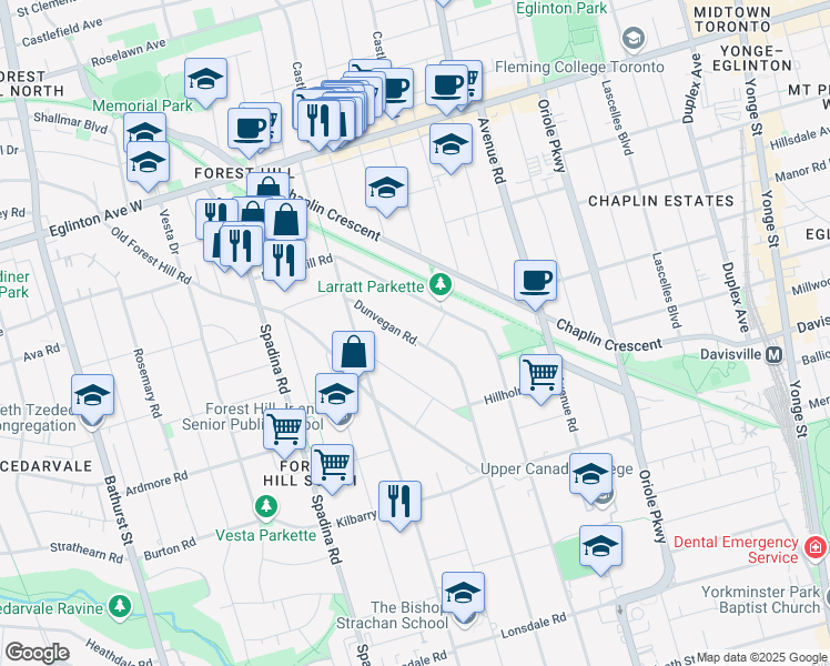 map of restaurants, bars, coffee shops, grocery stores, and more near 215 Dunvegan Road in Toronto