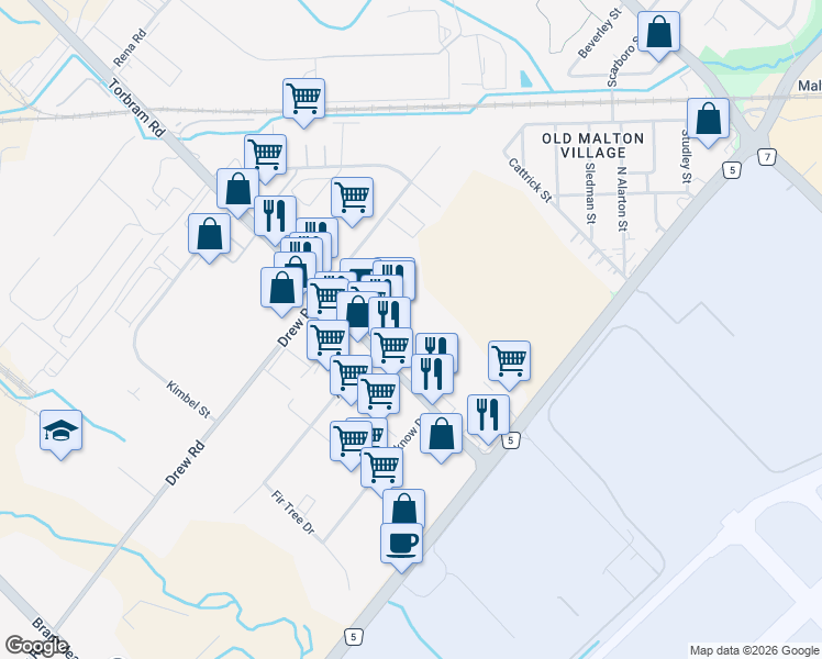 map of restaurants, bars, coffee shops, grocery stores, and more near 7171 Torbram Road in Mississauga