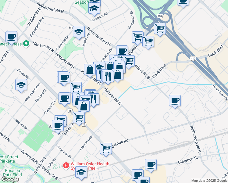map of restaurants, bars, coffee shops, grocery stores, and more near 10 Hansen Road South in Brampton