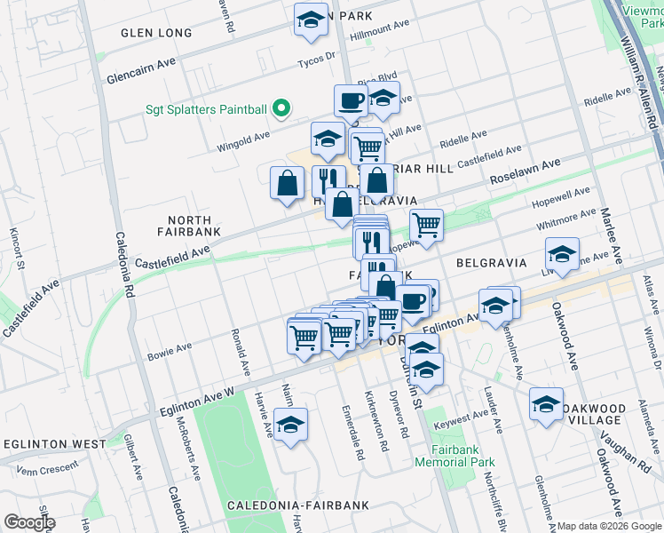 map of restaurants, bars, coffee shops, grocery stores, and more near 39 Schell Avenue in Toronto