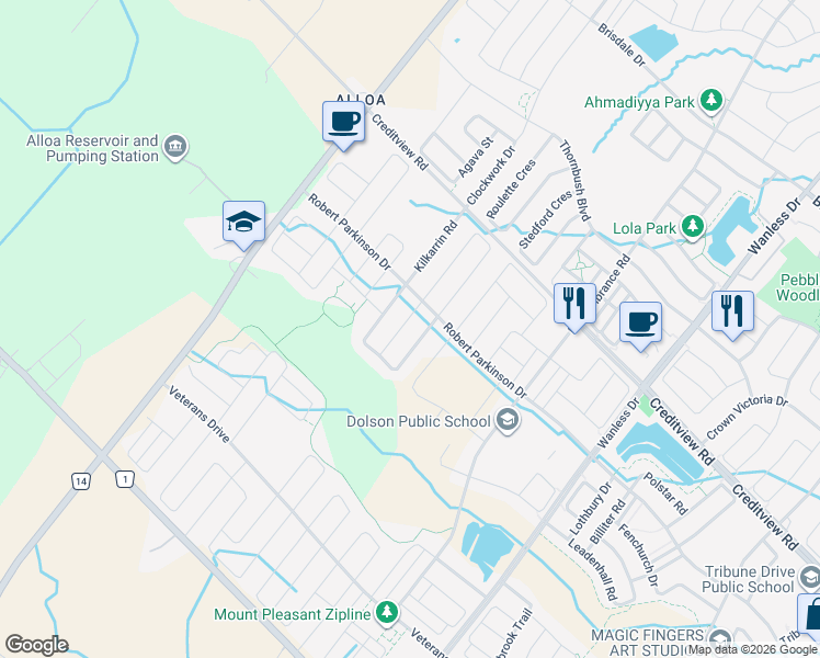 map of restaurants, bars, coffee shops, grocery stores, and more near 19 Frampton Road in Brampton