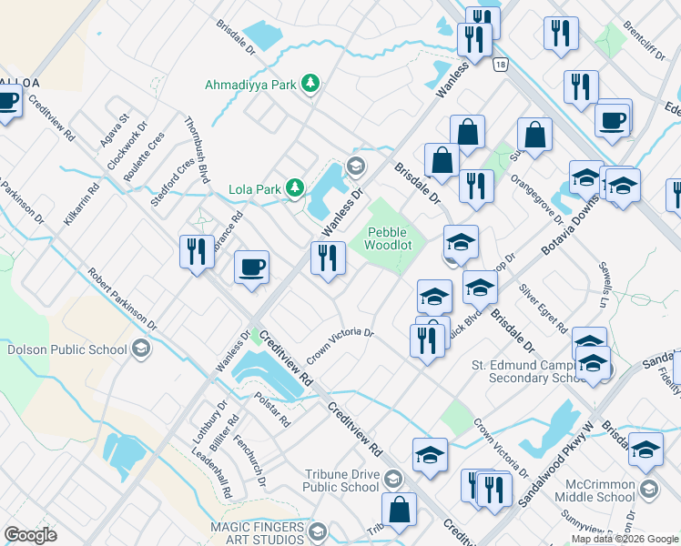 map of restaurants, bars, coffee shops, grocery stores, and more near 5 Treegrove Crescent in Brampton