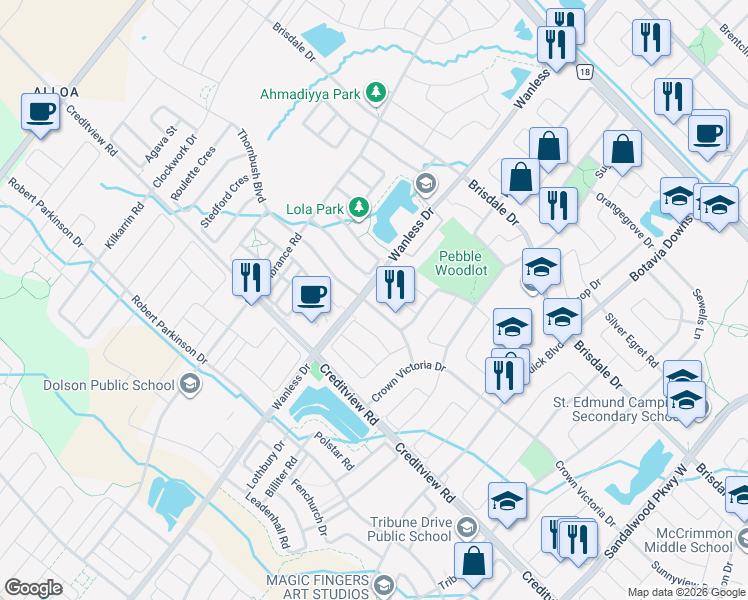 map of restaurants, bars, coffee shops, grocery stores, and more near 43 Thornbush Boulevard in Brampton