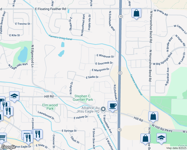 map of restaurants, bars, coffee shops, grocery stores, and more near 2512 East Sadie Drive in Eagle