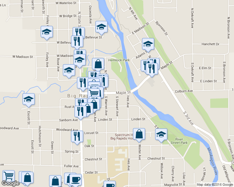 map of restaurants, bars, coffee shops, grocery stores, and more near 104 South Stewart Avenue in Big Rapids