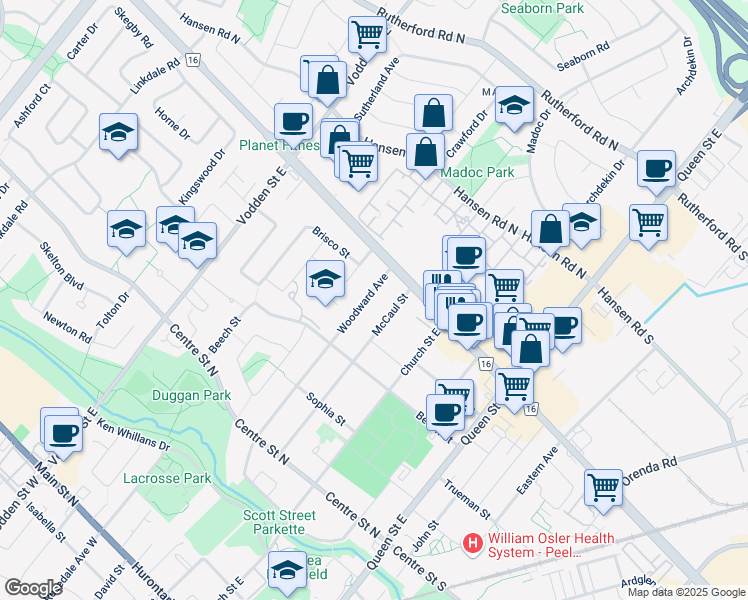 map of restaurants, bars, coffee shops, grocery stores, and more near 89 Woodward Avenue in Brampton