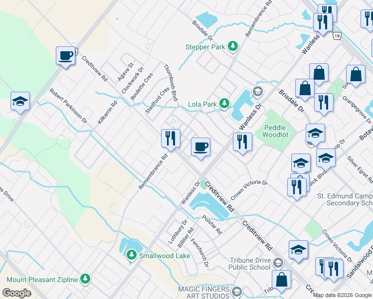 map of restaurants, bars, coffee shops, grocery stores, and more near 35 Metro Crescent in Brampton