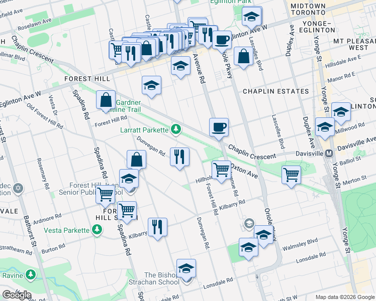 map of restaurants, bars, coffee shops, grocery stores, and more near 202 Forest Hill Road in Toronto