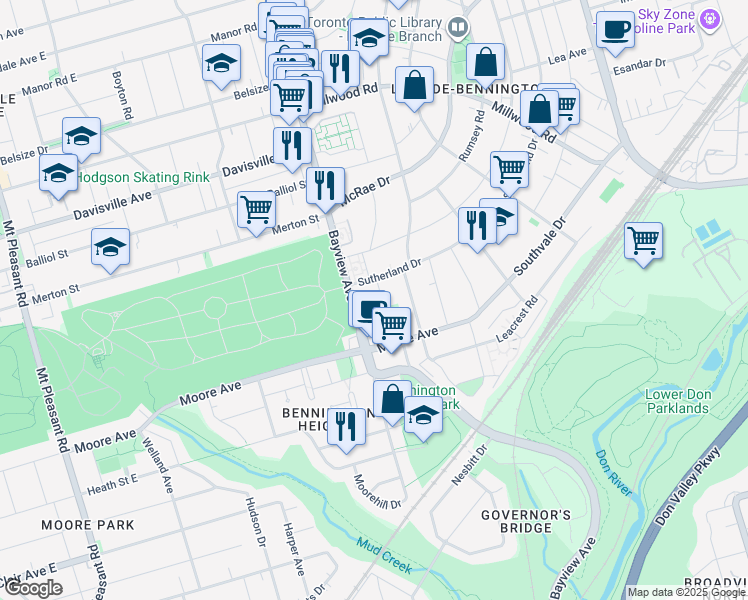 map of restaurants, bars, coffee shops, grocery stores, and more near 38 Leadale Avenue in Toronto