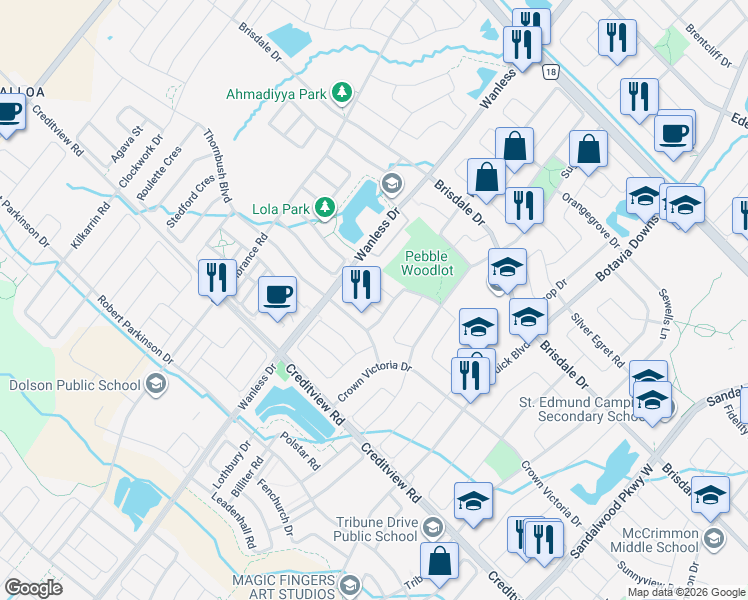 map of restaurants, bars, coffee shops, grocery stores, and more near 5 Treegrove Crescent in Brampton