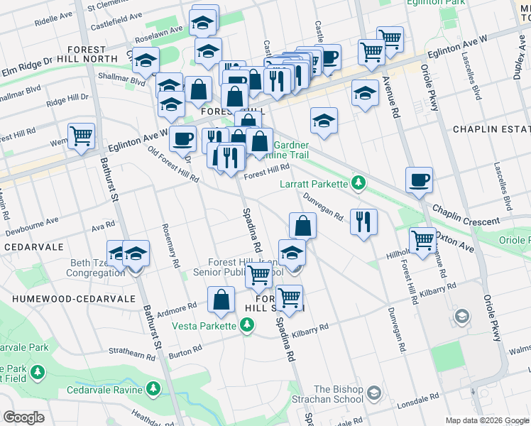 map of restaurants, bars, coffee shops, grocery stores, and more near 64 Old Forest Hill Road in Toronto
