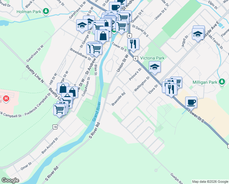 map of restaurants, bars, coffee shops, grocery stores, and more near 3 Craighead Drive in Fergus