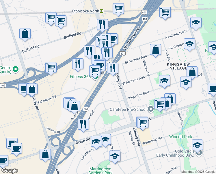 map of restaurants, bars, coffee shops, grocery stores, and more near in Toronto