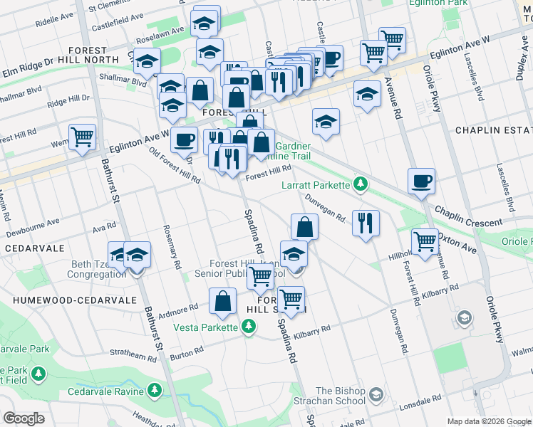 map of restaurants, bars, coffee shops, grocery stores, and more near 64 Old Forest Hill Road in Toronto