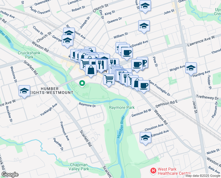 map of restaurants, bars, coffee shops, grocery stores, and more near 3 Hickory Tree Road in Toronto