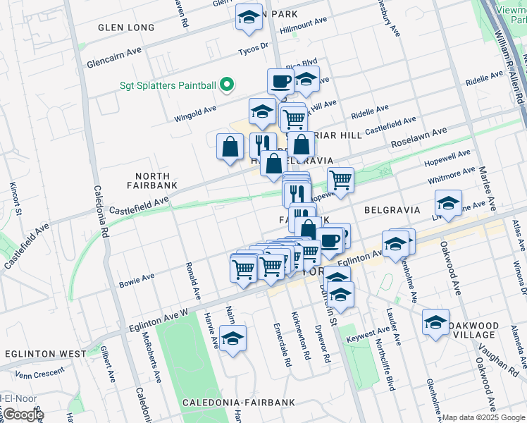 map of restaurants, bars, coffee shops, grocery stores, and more near 41 Schell Avenue in Toronto