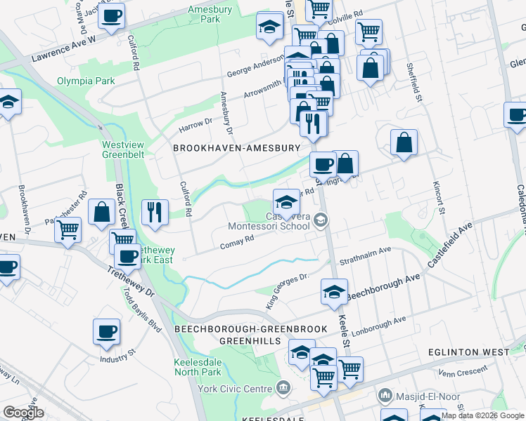 map of restaurants, bars, coffee shops, grocery stores, and more near 55 Gulliver Road in Toronto