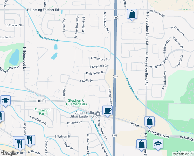 map of restaurants, bars, coffee shops, grocery stores, and more near 2576 East Sadie Drive in Eagle