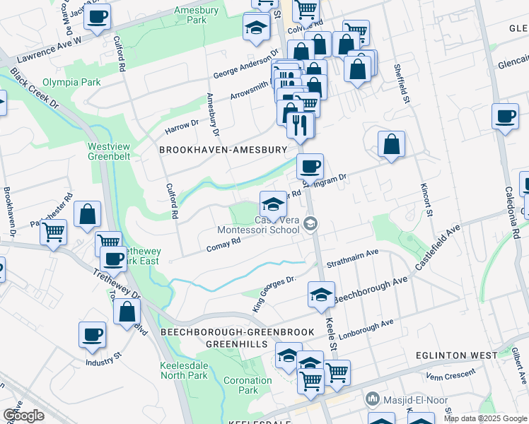 map of restaurants, bars, coffee shops, grocery stores, and more near 45 Gulliver Road in Toronto
