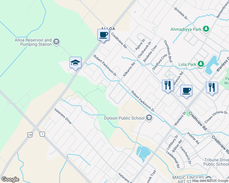 map of restaurants, bars, coffee shops, grocery stores, and more near 51 Haverstock Crescent in Brampton