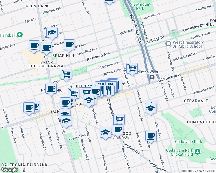 map of restaurants, bars, coffee shops, grocery stores, and more near 82 Livingstone Avenue in Toronto