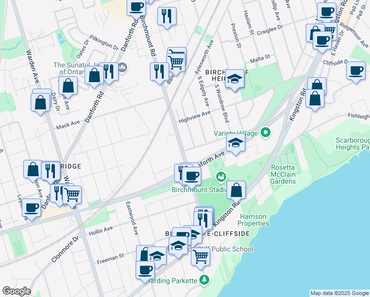 map of restaurants, bars, coffee shops, grocery stores, and more near 295 Birchmount Road in Toronto