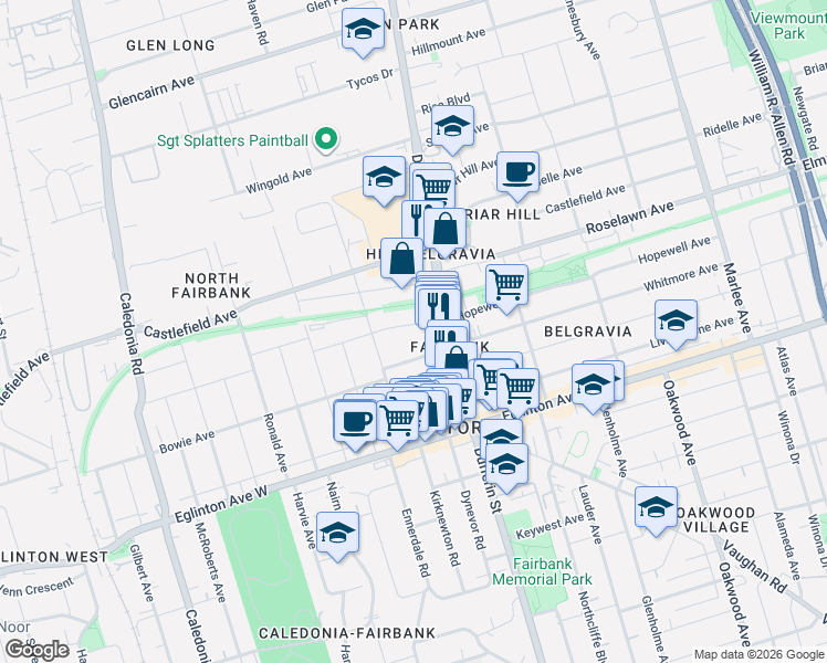 map of restaurants, bars, coffee shops, grocery stores, and more near 19 Schell Avenue in Toronto