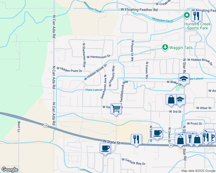 map of restaurants, bars, coffee shops, grocery stores, and more near 681 North Finsbury Way in Star