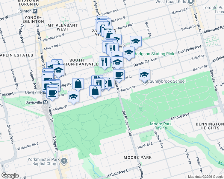 map of restaurants, bars, coffee shops, grocery stores, and more near 265 Balliol Street in Toronto