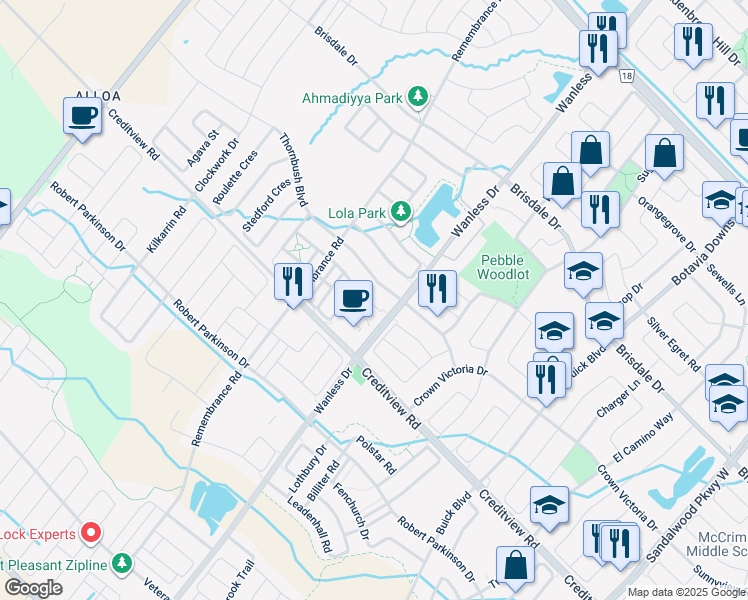 map of restaurants, bars, coffee shops, grocery stores, and more near 52 Quillberry Close in Brampton
