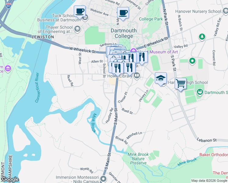 map of restaurants, bars, coffee shops, grocery stores, and more near 90 South Main Street in Hanover