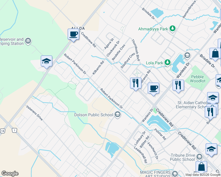 map of restaurants, bars, coffee shops, grocery stores, and more near 5 Stewardship Road in Brampton